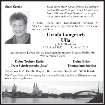 Anzeige von Ursula Longerich von  Wochenende 