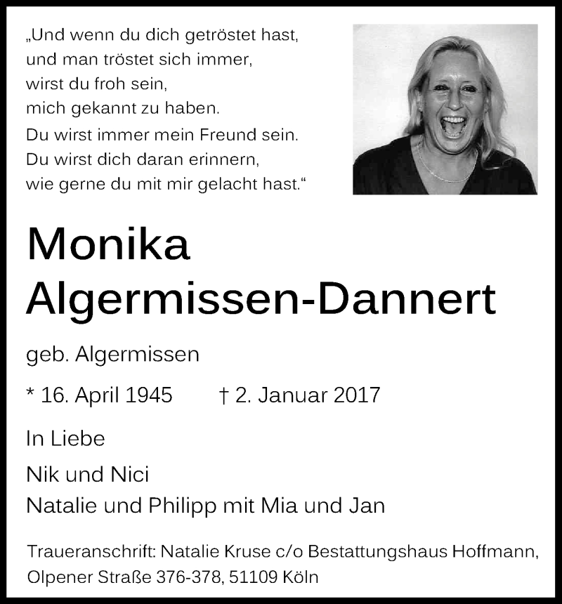  Traueranzeige für Monika Algermissen-Dannert vom 14.01.2017 aus Kölner Stadt-Anzeiger / Kölnische Rundschau / Express