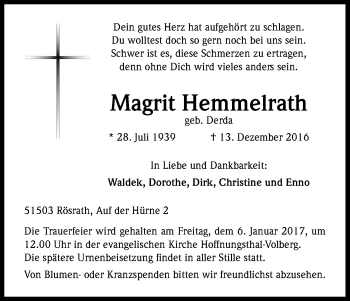 Anzeige von Magrit Hemmelrath von Kölner Stadt-Anzeiger / Kölnische Rundschau / Express