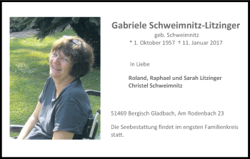 Anzeige von Gabriele Schweimnitz-Litzinger von Kölner Stadt-Anzeiger / Kölnische Rundschau / Express