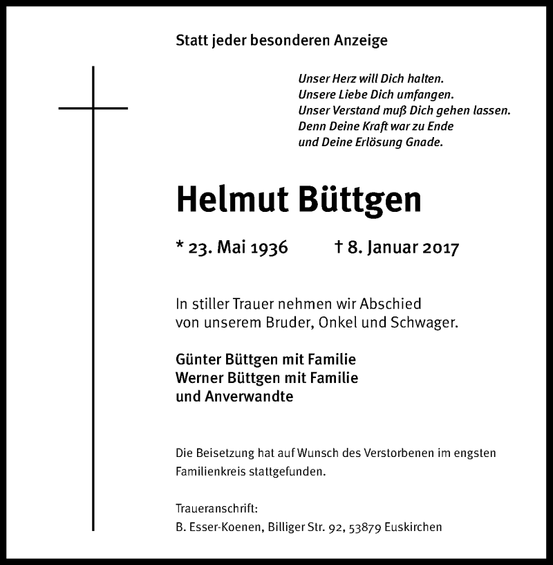  Traueranzeige für Helmut Büttgen vom 14.01.2017 aus Kölner Stadt-Anzeiger / Kölnische Rundschau / Express