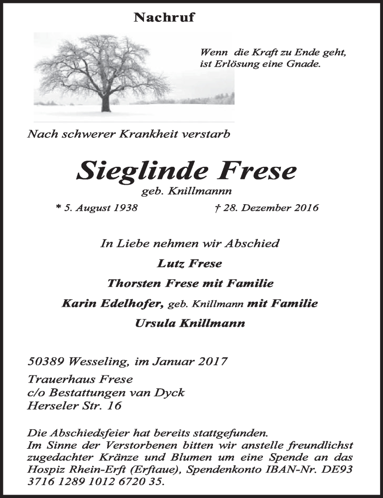  Traueranzeige für Sieglinde Frese vom 18.01.2017 aus  Schlossbote/Werbekurier 