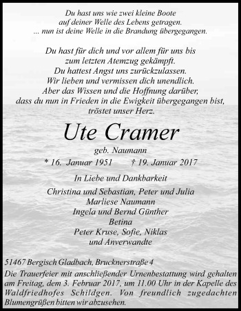 Anzeige von Ute Cramer von Kölner Stadt-Anzeiger / Kölnische Rundschau / Express