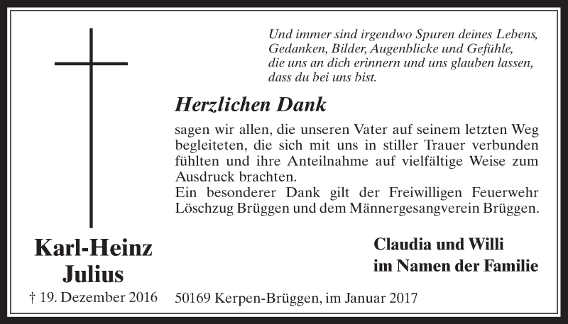  Traueranzeige für Karl-Heinz Julius vom 18.01.2017 aus  Werbepost 
