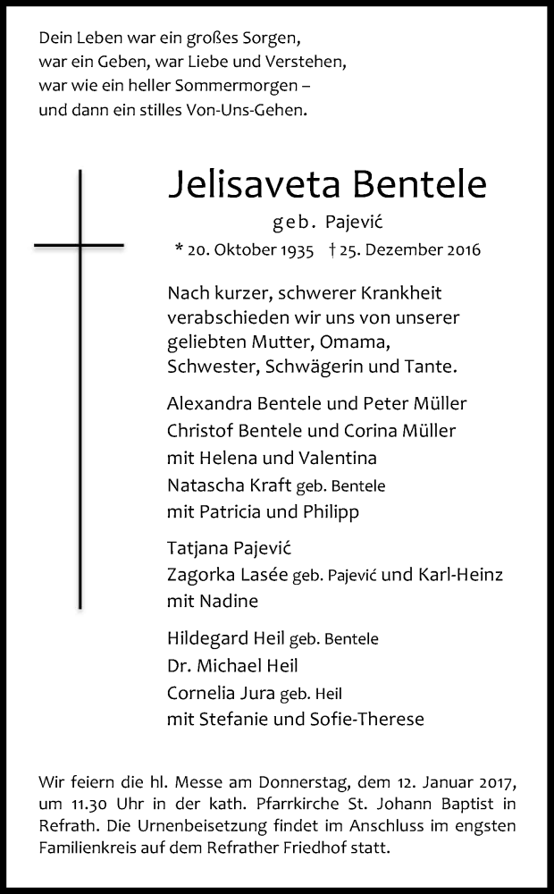  Traueranzeige für Jelisaveta Bentele vom 07.01.2017 aus Kölner Stadt-Anzeiger / Kölnische Rundschau / Express