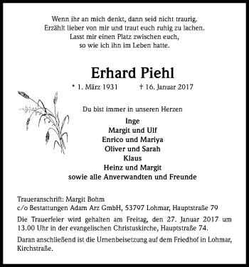 Anzeige von Erhard Piehl von Kölner Stadt-Anzeiger / Kölnische Rundschau / Express