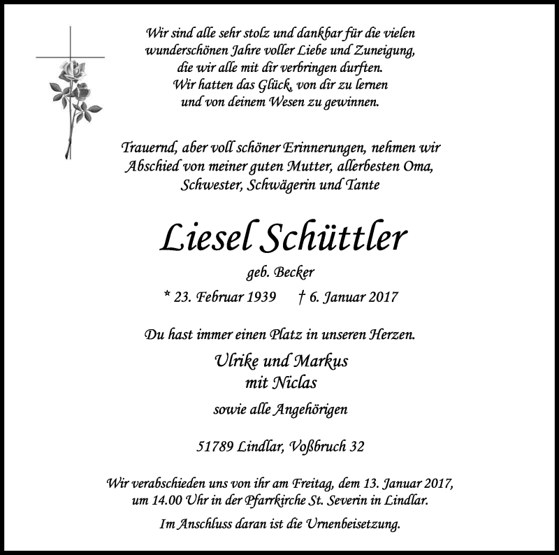  Traueranzeige für Liesel Schüttler vom 10.01.2017 aus Kölner Stadt-Anzeiger / Kölnische Rundschau / Express