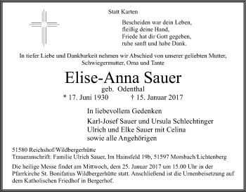 Anzeige von Elise-Anna Sauer von Kölner Stadt-Anzeiger / Kölnische Rundschau / Express