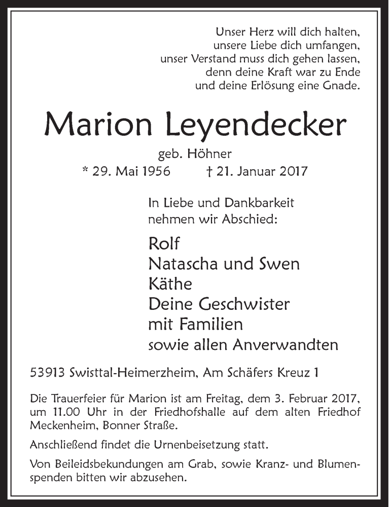  Traueranzeige für Marion Leyendecker vom 01.02.2017 aus  Schaufenster/Blickpunkt 