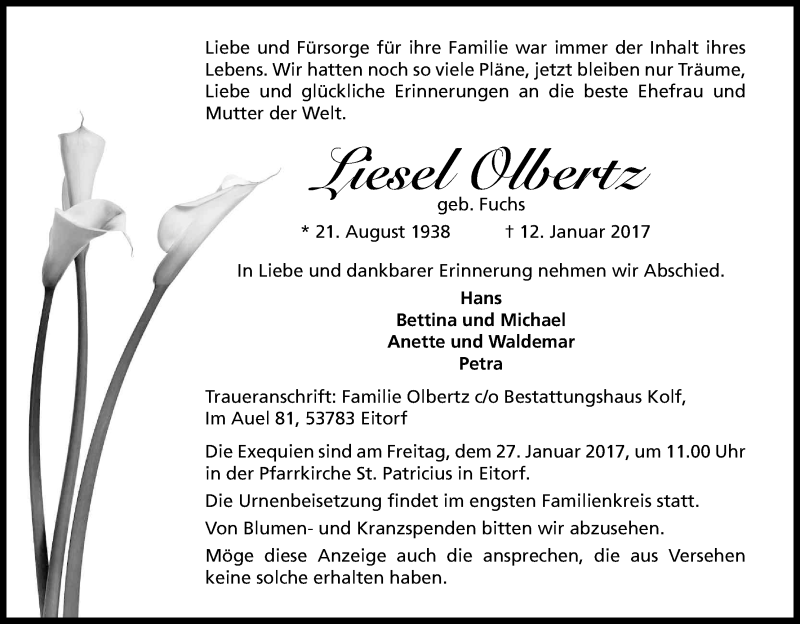  Traueranzeige für Liesel Olbertz vom 20.01.2017 aus Kölner Stadt-Anzeiger / Kölnische Rundschau / Express
