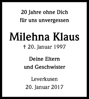 Anzeige von Milehna Klaus von Kölner Stadt-Anzeiger / Kölnische Rundschau / Express