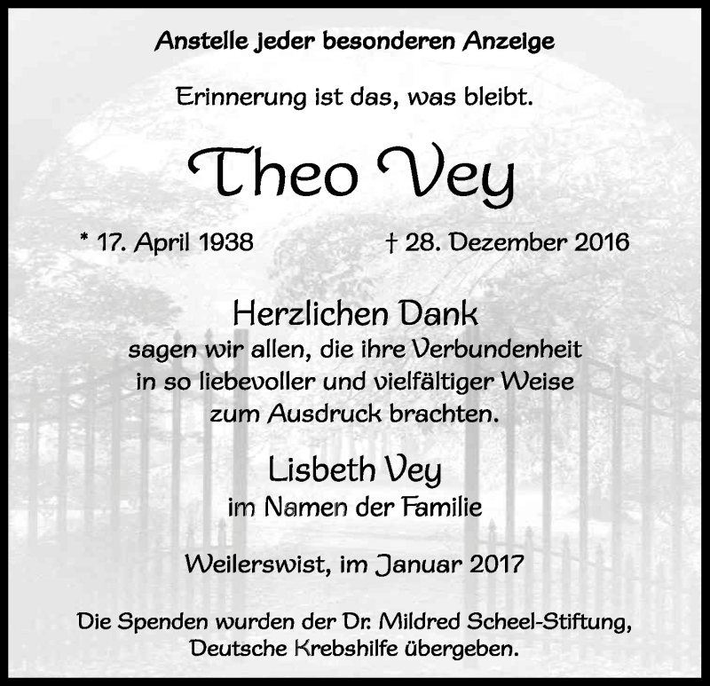  Traueranzeige für Theo Vey vom 21.01.2017 aus Kölner Stadt-Anzeiger / Kölnische Rundschau / Express