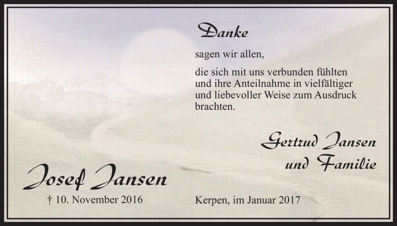  Traueranzeige für Josef Jansen vom 14.01.2017 aus  Sonntags-Post 