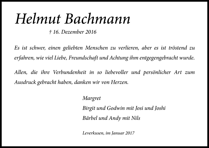  Traueranzeige für Helmut Bachmann vom 30.01.2017 aus Kölner Stadt-Anzeiger / Kölnische Rundschau / Express