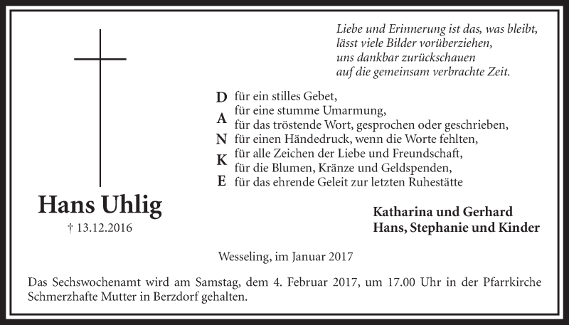  Traueranzeige für Hans Uhlig vom 25.01.2017 aus  Schlossbote/Werbekurier 