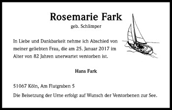 Anzeige von Rosemarie Fark von Kölner Stadt-Anzeiger / Kölnische Rundschau / Express