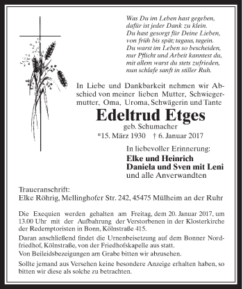 Anzeige von Edeltrud Etges von  Schaufenster/Blickpunkt 