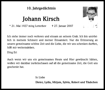 Anzeige von Johann Kirsch von Kölner Stadt-Anzeiger / Kölnische Rundschau / Express