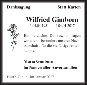 Anzeige von Wilfried Gimborn von  Wochenende 