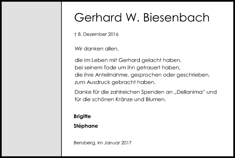  Traueranzeige für Gerhard W. Biesenbach vom 07.01.2017 aus Kölner Stadt-Anzeiger / Kölnische Rundschau / Express