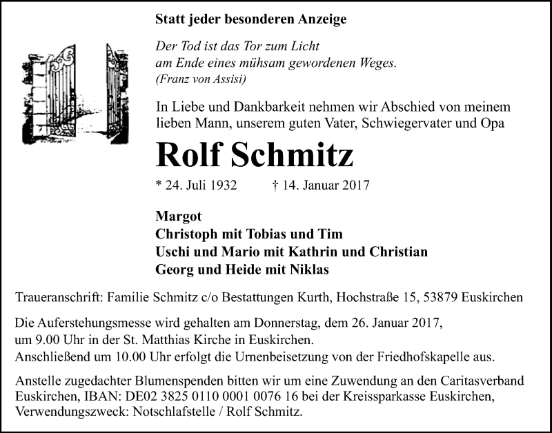  Traueranzeige für Rolf Schmitz vom 21.01.2017 aus  Blickpunkt Euskirchen 