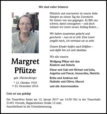 Anzeige von Margret Pfütze von Kölner Stadt-Anzeiger / Kölnische Rundschau / Express