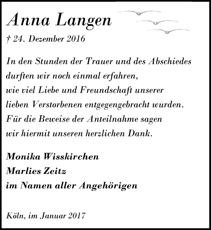  Traueranzeige für Anna Langen vom 01.02.2017 aus  Kölner Wochenspiegel 