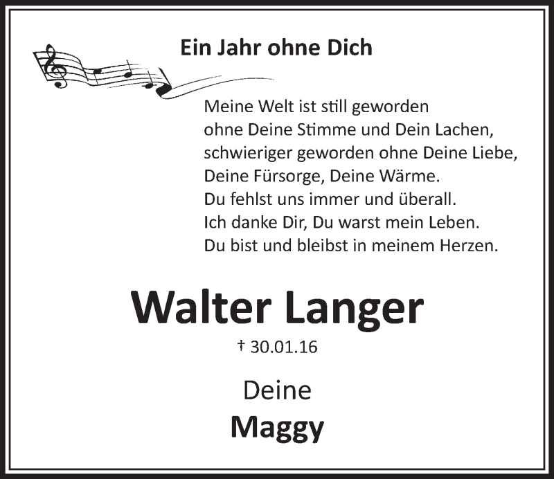  Traueranzeige für Walter Langer vom 25.01.2017 aus  Schlossbote/Werbekurier 