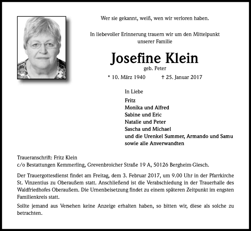  Traueranzeige für Josefine Klein vom 28.01.2017 aus Kölner Stadt-Anzeiger / Kölnische Rundschau / Express