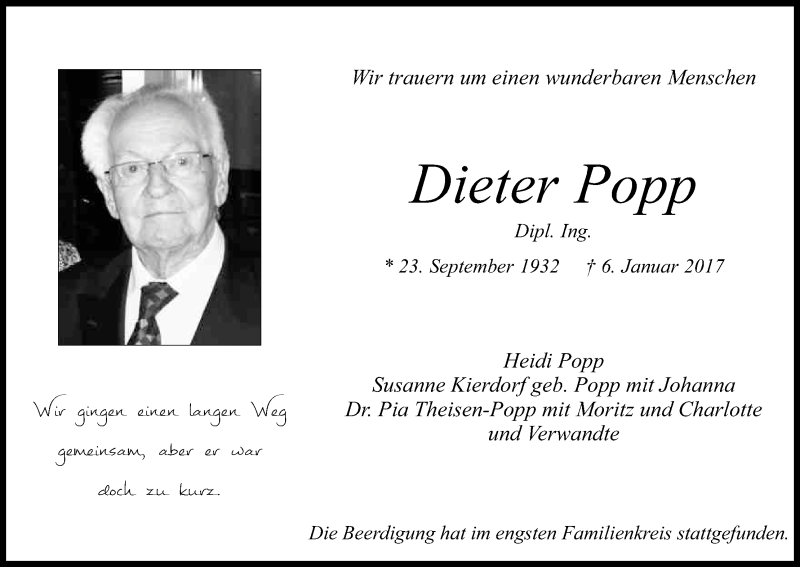  Traueranzeige für Dieter Popp vom 14.01.2017 aus Kölner Stadt-Anzeiger / Kölnische Rundschau / Express