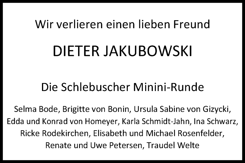  Traueranzeige für Dieter Jakubowski vom 24.01.2017 aus Kölner Stadt-Anzeiger / Kölnische Rundschau / Express