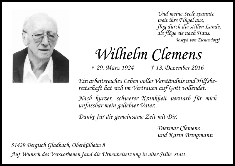  Traueranzeige für Wilhelm Clemens vom 14.01.2017 aus Kölner Stadt-Anzeiger / Kölnische Rundschau / Express