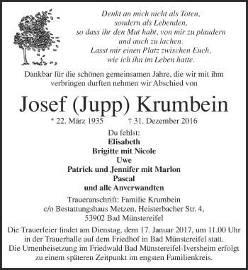 Anzeige von Josef Krumbein von  Blickpunkt Euskirchen 