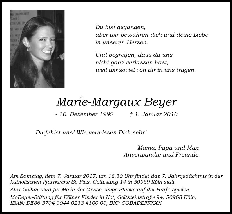 Traueranzeige für Marie-Margaux Beyer vom 07.01.2017 aus Kölner Stadt-Anzeiger / Kölnische Rundschau / Express