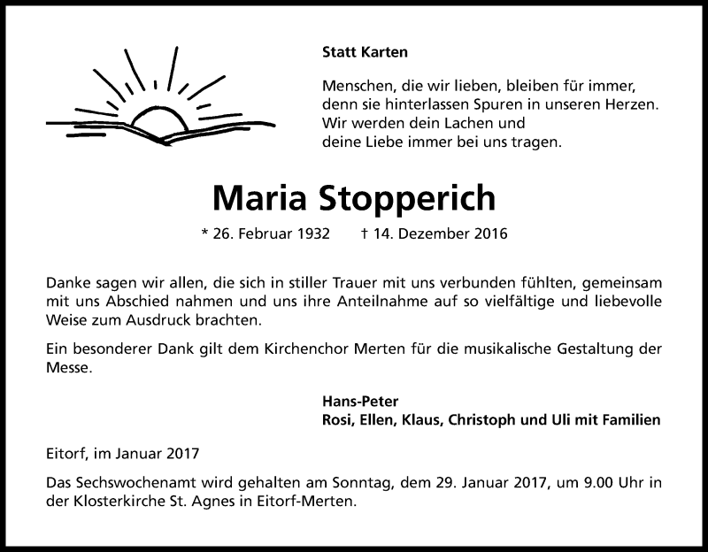  Traueranzeige für Maria Stopperich vom 14.01.2017 aus Kölner Stadt-Anzeiger / Kölnische Rundschau / Express