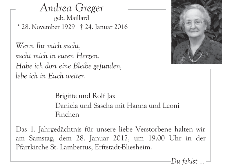  Traueranzeige für Andrea Greger vom 25.01.2017 aus  Werbepost 