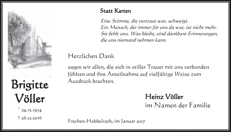  Traueranzeige für Brigitte Völler vom 28.01.2017 aus  Sonntags-Post 
