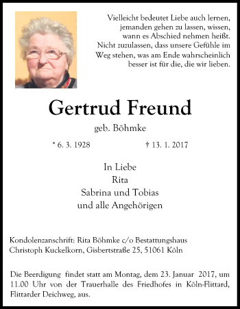 Anzeige von Gertrud Freund von Kölner Stadt-Anzeiger / Kölnische Rundschau / Express
