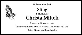 Anzeige von Christa Mittek von Kölner Stadt-Anzeiger / Kölnische Rundschau / Express