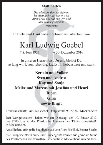 Anzeige von Karl Ludwig Goebel von  Schaufenster/Blickpunkt 