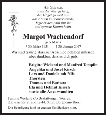 Anzeige von Margot Wachendorf von  Werbepost 