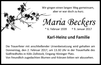 Anzeige von Maria Beckers von Kölner Stadt-Anzeiger / Kölnische Rundschau / Express