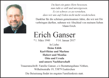 Anzeige von Erich Ganser von  Blickpunkt Euskirchen 