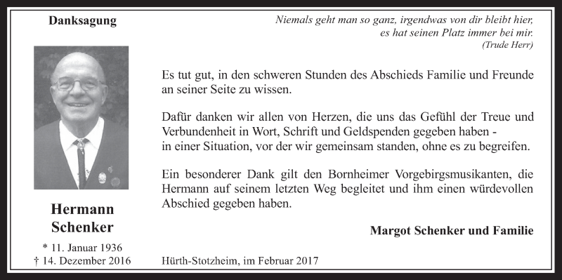  Traueranzeige für Hermann Schenker vom 01.02.2017 aus  Wochenende 