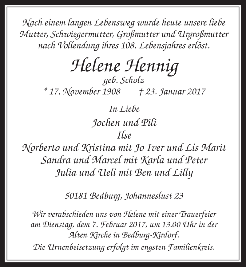  Traueranzeige für Helene Hennig vom 01.02.2017 aus  Werbepost 