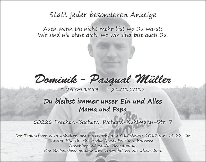  Traueranzeige für Dominik-Pasqual Müller vom 28.01.2017 aus  Sonntags-Post 