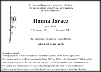 Anzeige von Hanna Jaracz von  Sonntags-Post 