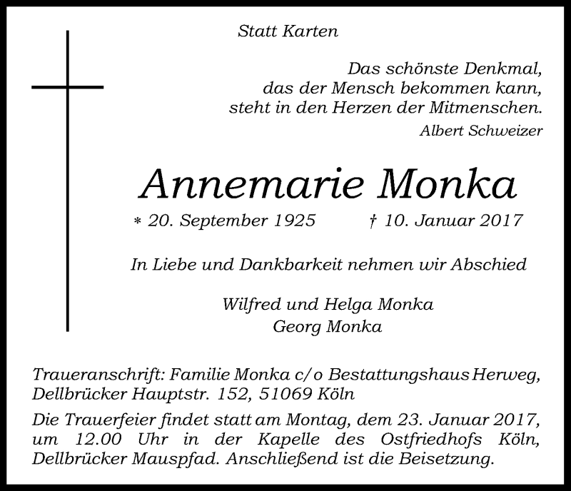  Traueranzeige für Annemarie Monka vom 18.01.2017 aus Kölner Stadt-Anzeiger / Kölnische Rundschau / Express
