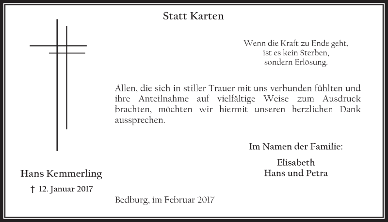  Traueranzeige für Hans Kemmerling vom 01.02.2017 aus  Werbepost 