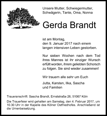 Anzeige von Gerda Brandt von Kölner Stadt-Anzeiger / Kölnische Rundschau / Express